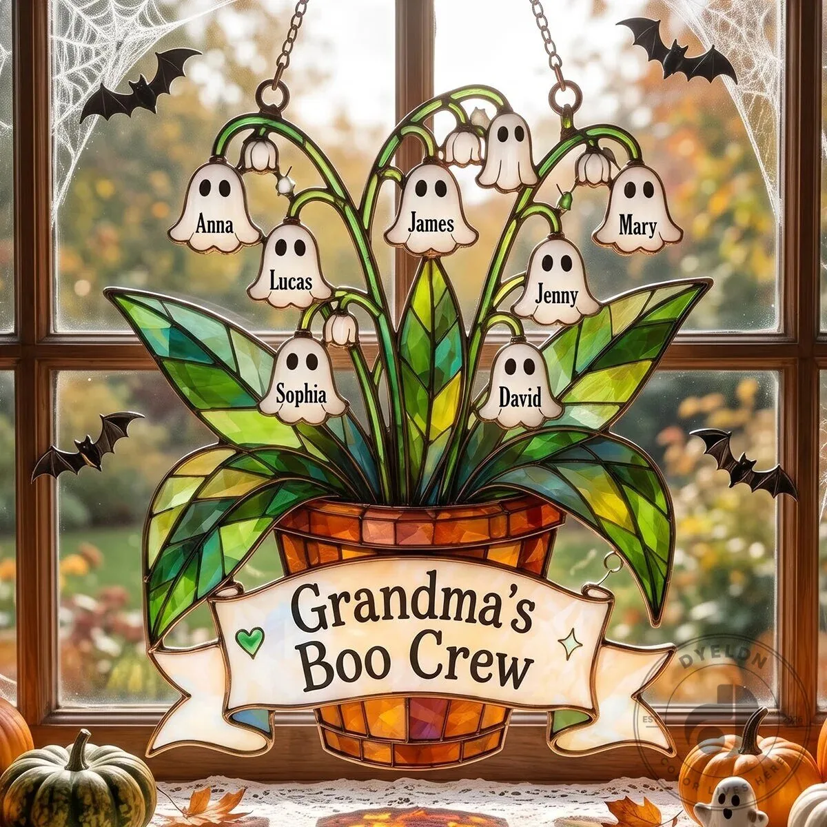Personalized Grandma's Boo Crew Ghost Lily Of The Valley Halloween Suncatcher