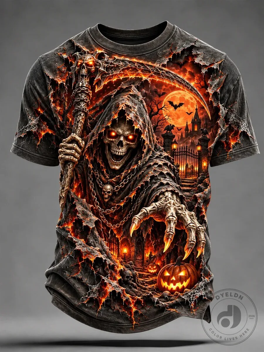 Grim Reaper Halloween Scythe Pumpkin Full Moon Spooky Castle Men's T-Shirt