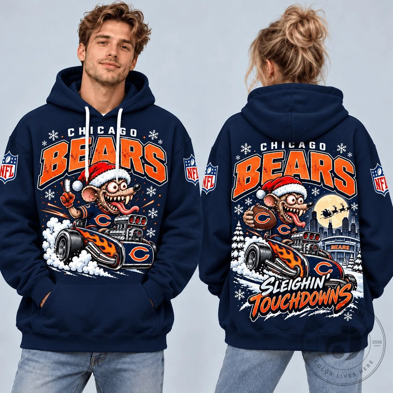 Chicago Bears Christmas Rat Fink Sleighin Touchdowns Navy Blue Hoodie