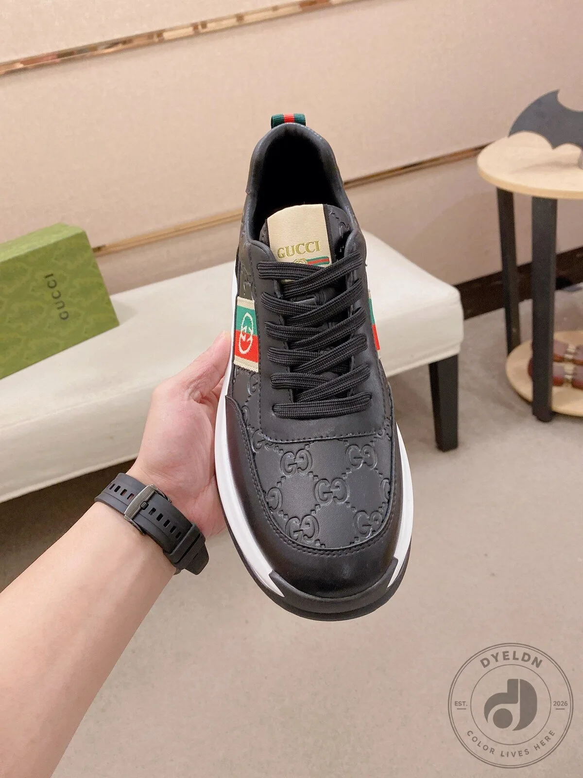 Gucci Black Leather Monogrammed Stripe Fashion Sneakers