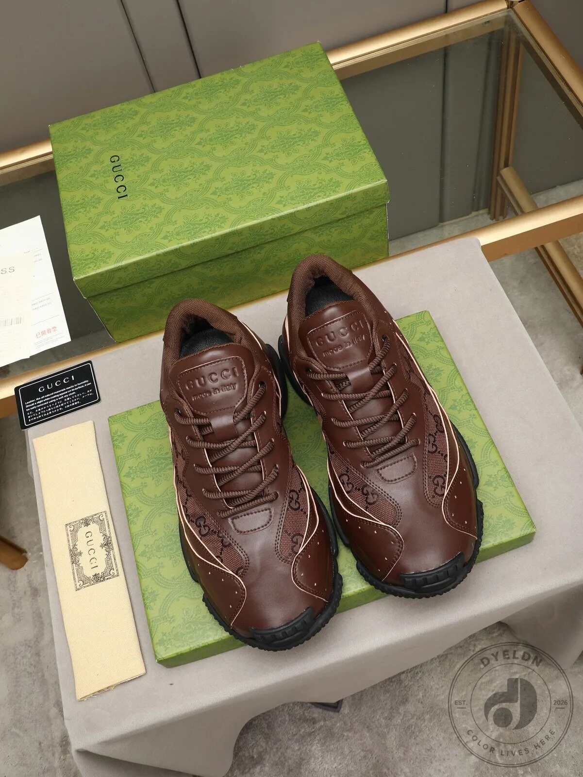 Gucci Brown Leather Monogrammed Designer Sneakers for Men and Women