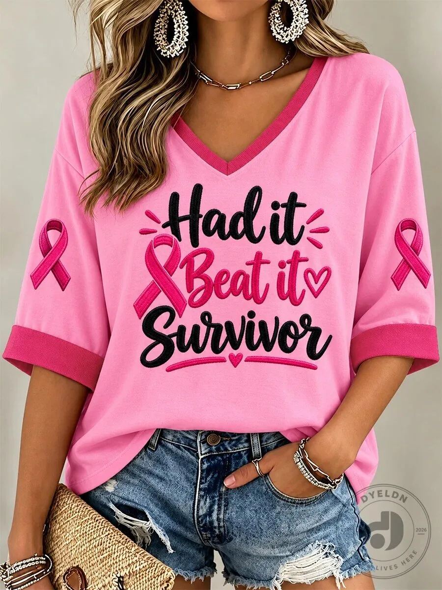 Had It Beat It Survivor Breast Cancer Awareness Pink V-Neck T-Shirt