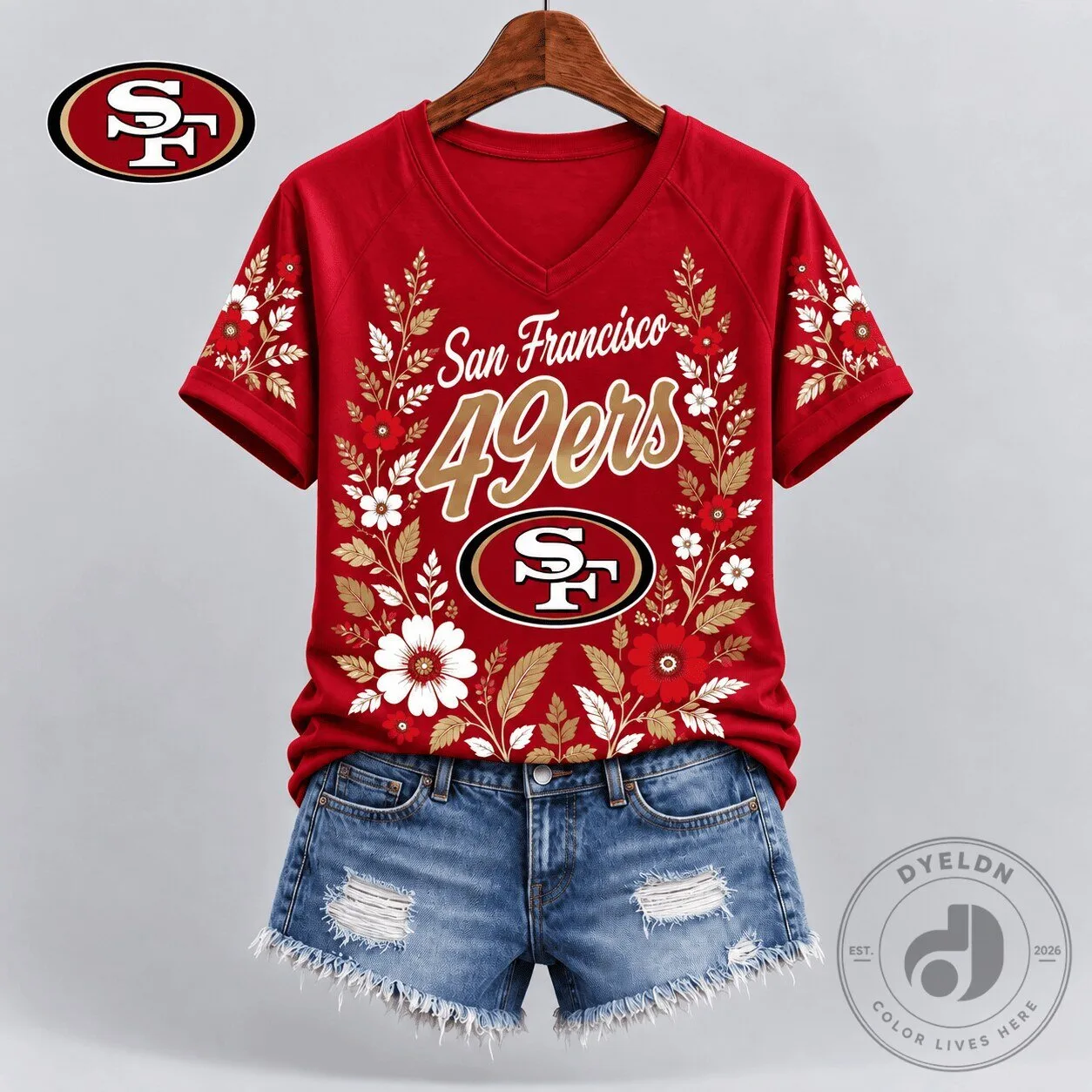 San Francisco 49ers Floral Spirit V-Neck T-Shirt for Women