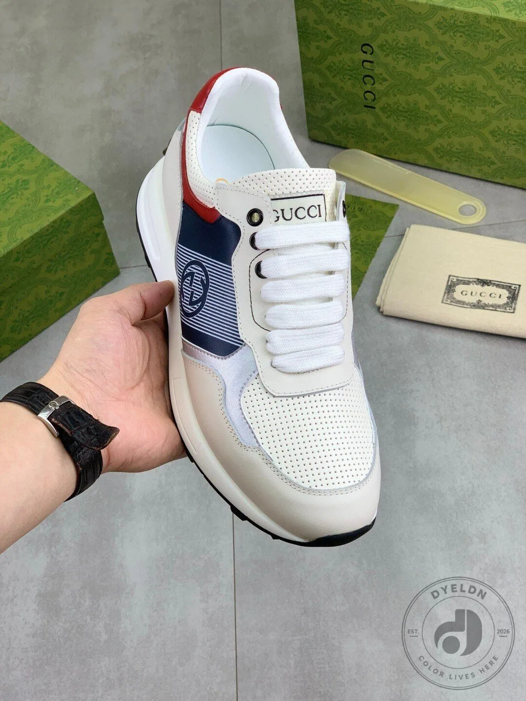Gucci White Leather Red Blue Stripe Men's Designer Fashion Sneakers Shoes