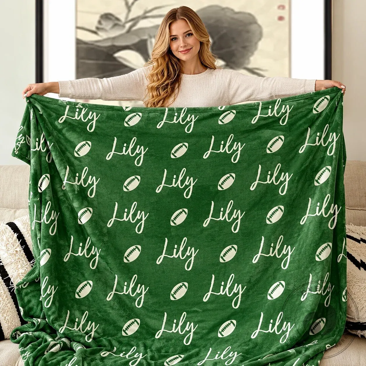Personalized Football Name Green Soft Cozy Fleece Throw Blanket