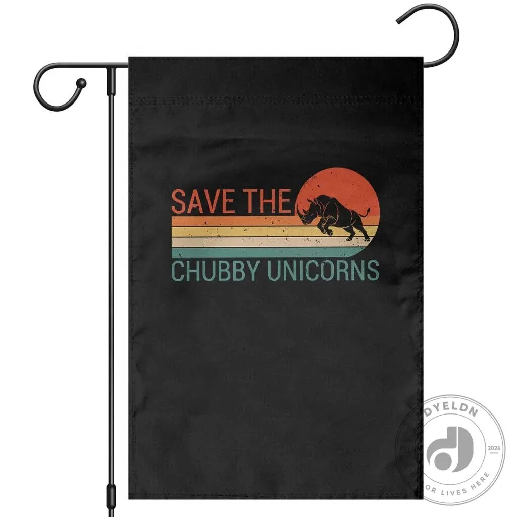 Save The Chubby Unicorns Rhino Retro Sunset Garden Flag