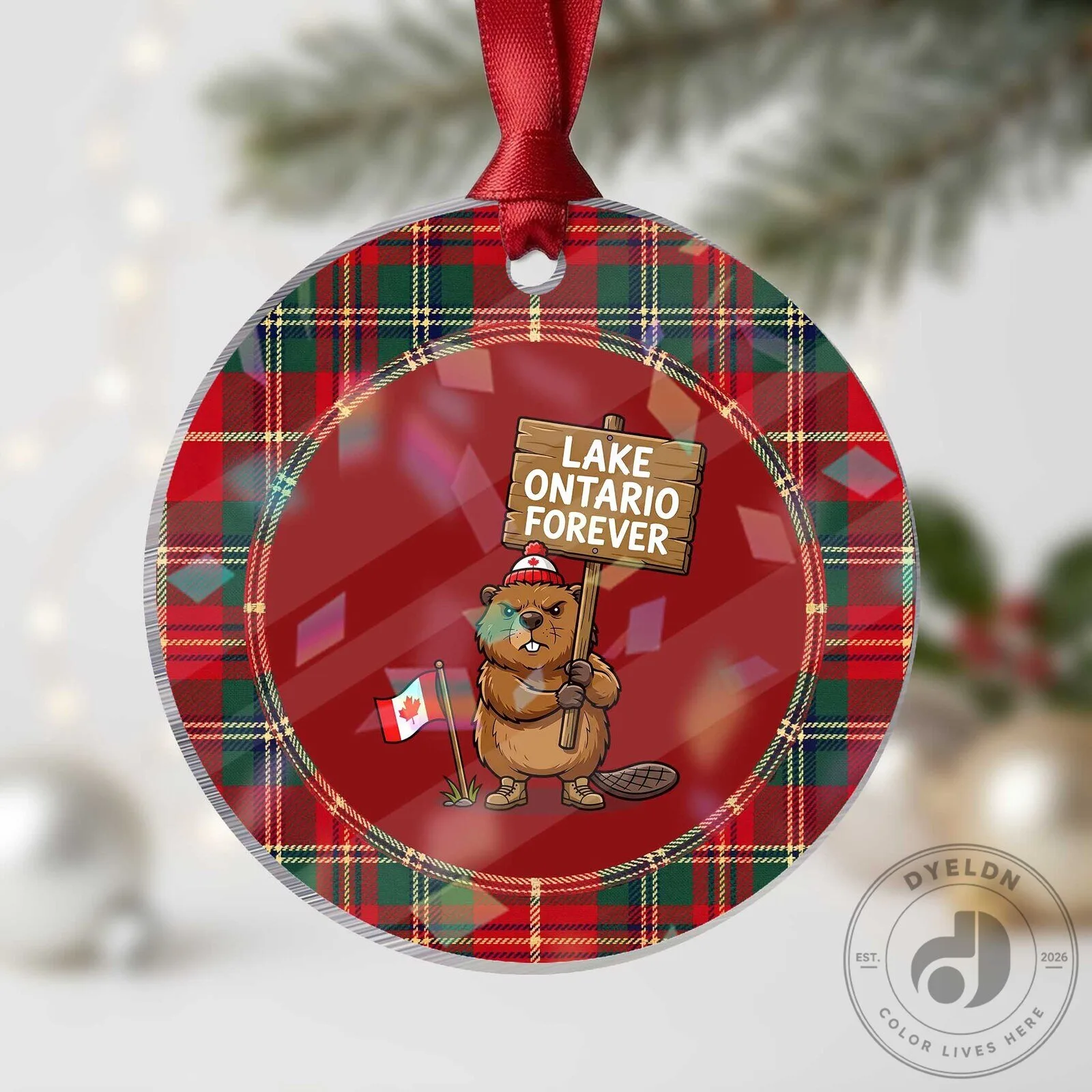 Lake Ontario Forever Canadian Beaver Resist Plaid Round Christmas Ornament